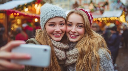 friendship technology and winter holidays concept  happy smiling teenage girls taking selfie with smartphone over christmas market or amusement park background no logos no brands ar 169