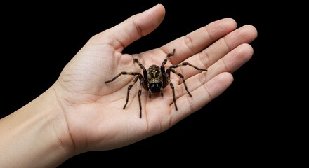 A large brown spider rests in the center of a pale human hand against a solid black backdrop