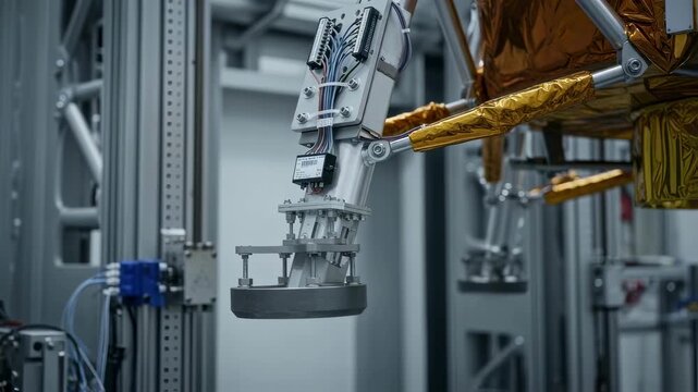 Technical detail of load cells and instrumentation mounted on a lunar lander leg in middroptest on a calibrated test tower.