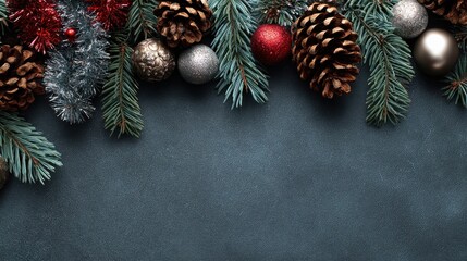 christmas composition fir branches pine cones christmas balls ribbon and tinsel flat lay top view no logos no brands ar 169