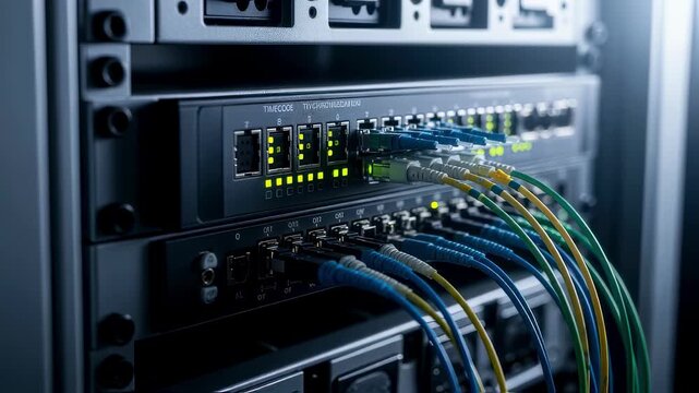 Detailed view of fiber optic cables plugged into a timecode synchronization hub within a server rack symbolizing highspeed data transfer and timing.