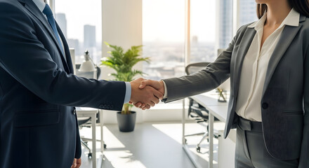 business people shaking hands in a modern office with city view