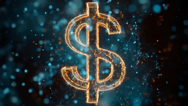 Glowing dollar symbol with digital particle effects on dark background
