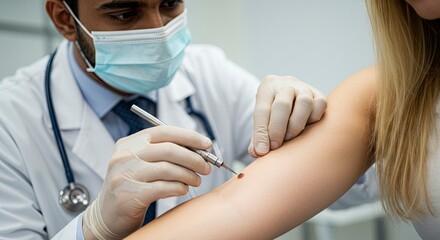 A masked doctor examines a mole on a womans arm with a surgical instrument