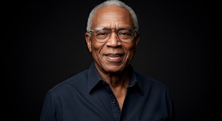 Obraz premium A mature Black man with glasses smiles against a dark background wearing a collared shirt