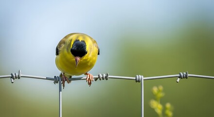 Yellow bird on a wire fence in nature.