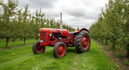 Obraz premium Red tractor in an orchard on a cloudy day.