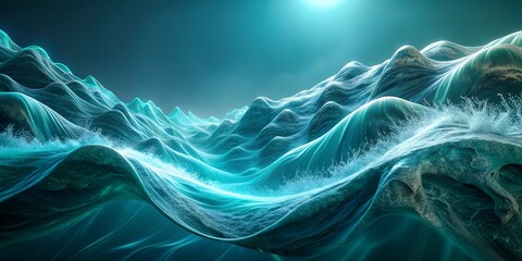 An abstract rendering of ocean waves with a light source above creating a surreal atmosphere
