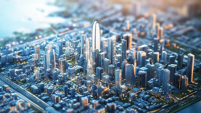Futuristic metropolis rising at dawn, a tilt shift perspective