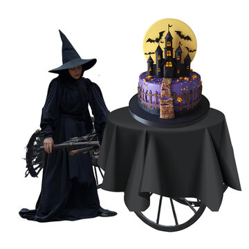 Illustration of a witch pushing a cart with a cake decorated as a haunted castle, bats, and a full moon, festive Halloween style, perfect for seasonal events, posters, or digital content.