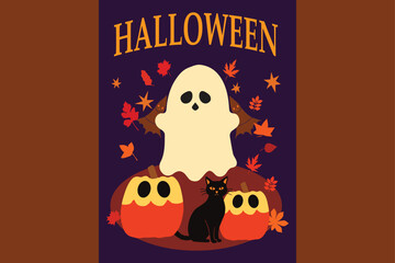 Halloween Party Background with Cat, Ghost and Pumpkins