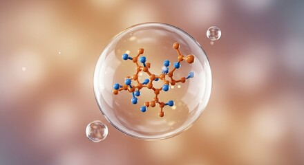 A molecule model brown and blue enclosed inside a translucent bubble with two other bubbles floating nearby on a blurred gradient background