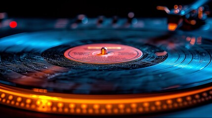 Close up of a spinning vinyl record player on a dark background