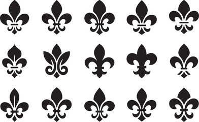 collection of fifteen black fleur de lis icon designs vector set for decorative heritage royal emblem motifs