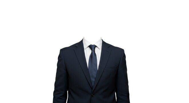 A navy blue suit with a white shirt and matching tie is displayed against a white background