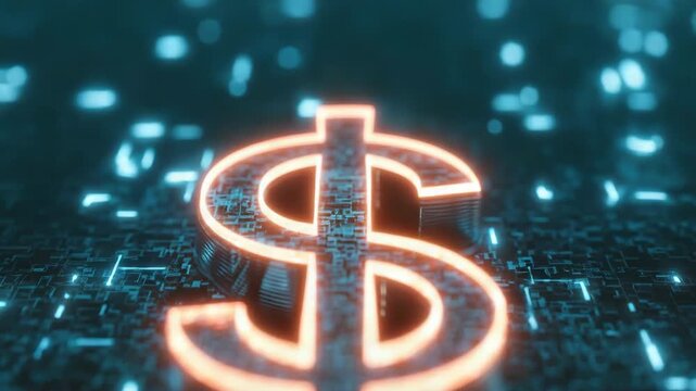 Glowing digital dollar sign on futuristic technology background