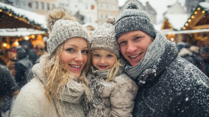 family winter holidays and celebration concept  happy mother father and little daughter with takeaway drinks at christmas market on town hall square in tallinn estonia over snow no logos no brands ar