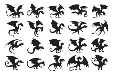 20 black dragon silhouette vector designs medieval fantasy mythical creatures with wings for logo illustration