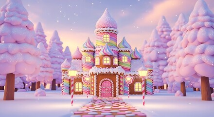 Enchanting gingerbread castle in a snowy fantasy landscape