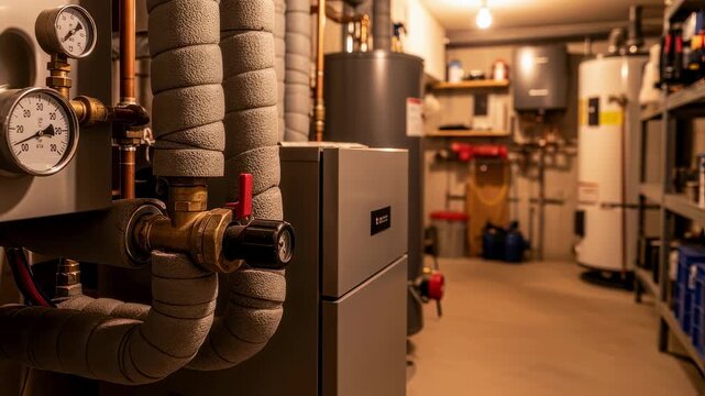 Warm light illuminating foam insulation wrapped pipes in a cozy home boiler room showcasing effective temperature control solutions.