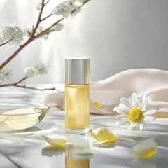 Refined beauty essence, Botanical elixir in a serene arrangement