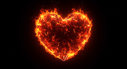 Burning Heart Shaped Crystal with Flames on Black Background