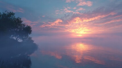 Obraz premium misty morning lake sunrise