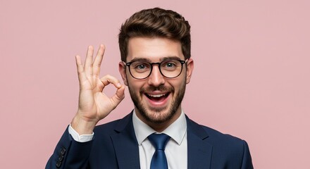 A smiling man with glasses gives the OK sign He wears a suit against a plain light pink backdrop