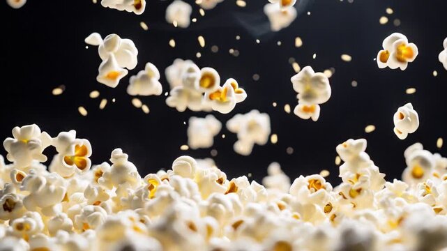 Burst of popcorn kernels dramatically falling and scattering across dark background, cinematic food concept with flying snack pieces in motion, dynamic explosion effect for cinema advertising, party c