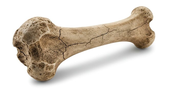 A tan weathered bone rests against a stark white backdrop displaying cracks