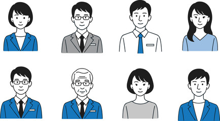 Diverse professional portraits, business people, male and female characters, office staff, corporate team, flat vector illustration, workplace diversity, employee avatars