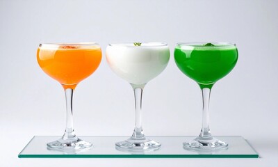 Trio of Vibrant Indian-Inspired Cocktails in Orange, White, and Green Served in Elegant Martini Glasses