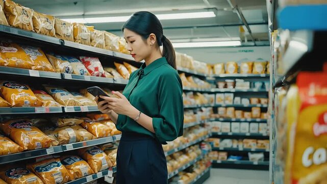 Woman scans chip bag with phone, price comparison app flashes savings, gaze shifts down aisle as price comparison guides cart, smile seals smart price comparison choice. Concept budget shopping.