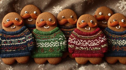 funny gingerbread cookies wearing ugly holiday sweaters and eyes and a mustache no logos no brands ar 169