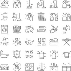 Cleaning and maintenance icons set – linear, outline, housekeeping and sanitation symbols