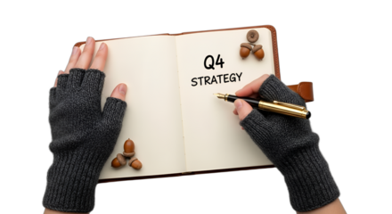 Hands in fingerless gloves writing 'Q4 STRATEGY' in an open notebook with acorns, perfect for autumn business planning, year-end goals, holiday marketing, and financial reviews,