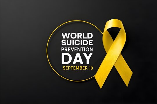 Vector Illustration for World Suicide Prevention Day. Text World Suicide Prevention Day, September 10 and yellow ribbon on black background.
