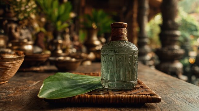 botol arak bali berbalut anyaman daun kelapa muda diletakkan di atas meja kayu