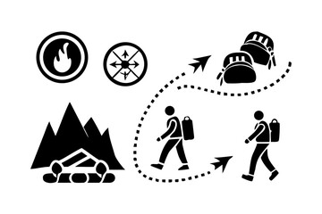Hiking icons with backpack, campfire, route