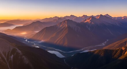 Fototapeta premium Sunrise Mountain Valley Panorama. (1)