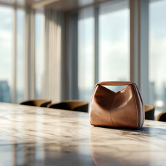 Brown leather purse on a modern office conference table
