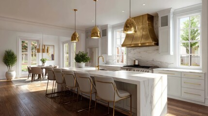a bright and airy modern kitchen featuring a large white island brass pendant lights and a striking brass range hood