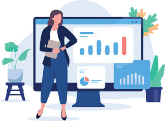Businesswoman with chart - Professional woman standing in front of computer screen with diagram and graphs in office smiling. Business advisor and expert concept in flat design vector illustration