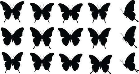 Silhouette illustrations of butterflies in various poses, perfect for nature, wildlife, spring, and floral-themed designs, adding elegance and beauty to projects.
