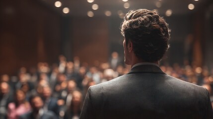 professional man engaging audience conference room portrait indoor closeup