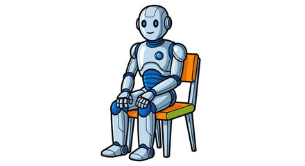 Friendly humanoid robot seated on an orange chair.