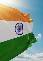 ndian Flag in Motion &ndash; Tricolor Waving Under Sunlit Sky