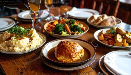 Festive Thanksgiving meal on a wooden table