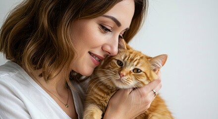 A woman with short brown hair smiles holding an orange tabby cat against a white background