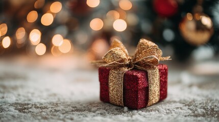 small red xmas present package with golden glitter bow on floor under merry christmas tree bokeh festive background giftbox as holiday shopping store sale happy new year eve season gift box concept n